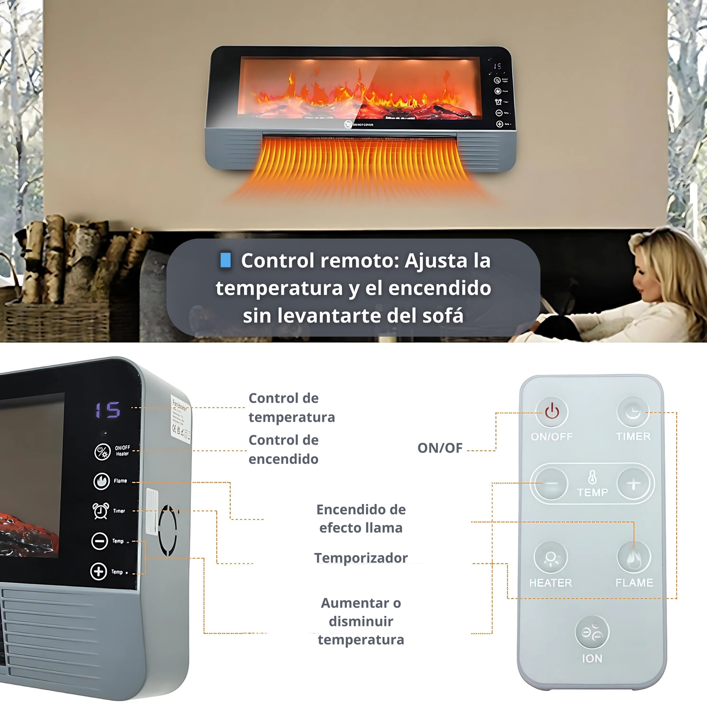 Calefactor Cerámico 2.000w Efecto Chimenea con Mando