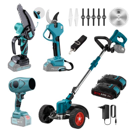 Kit 4 en 1 - Tijera, Mini Motosierra, Desbrozadora y Soplador