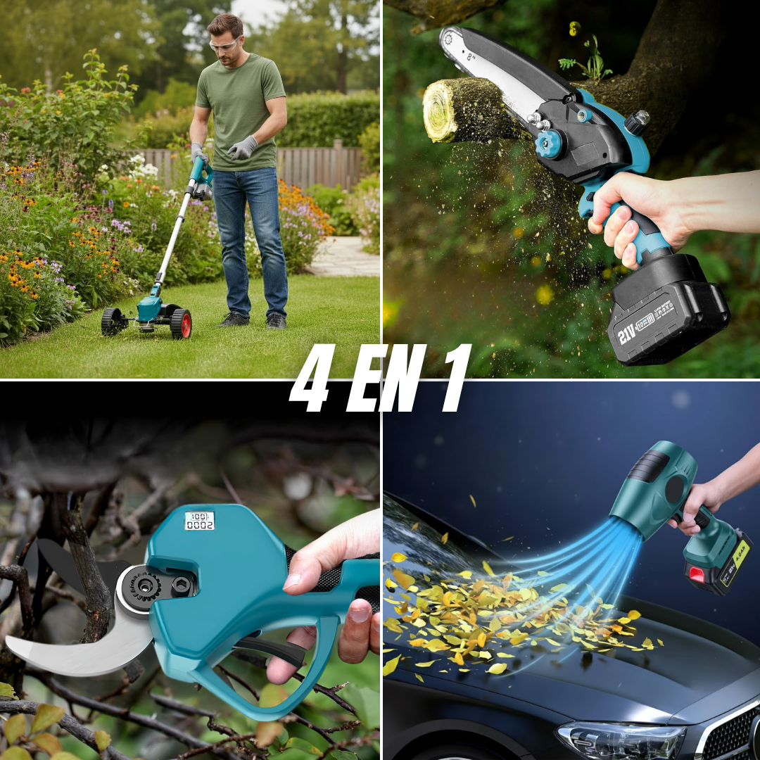 Kit 4 en 1 - Tijera, Mini Motosierra, Desbrozadora y Soplador